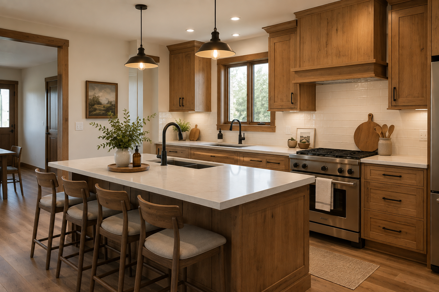 Modern kitchen with wooden cabinets, a white island with seating, black fixtures, and stainless steel appliances, decorated with plants and wooden accents.