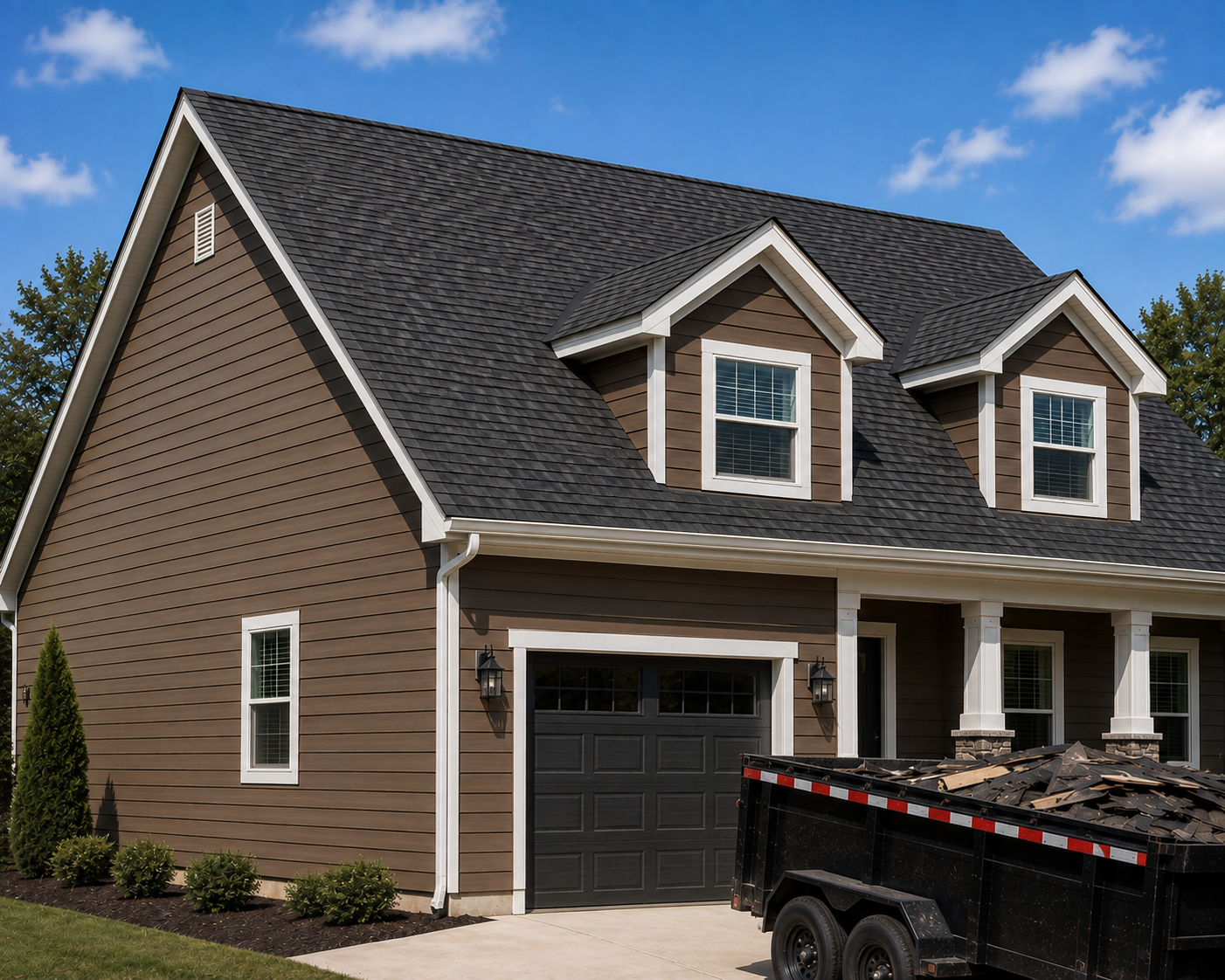 Newly constructed two-story house with brown siding, white trim, and a black garage door, with a black trailer filled with debris parked in front.