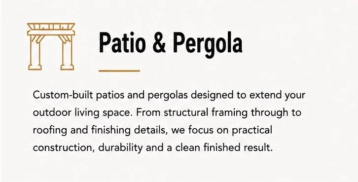 Advertisement for patios and pergolas with a simple graphic illustration of a pergola at the top-left corner. Text explains custom-built patios and pergolas focusing on structural framing, roofing, finishing, durability, and finished appearance.