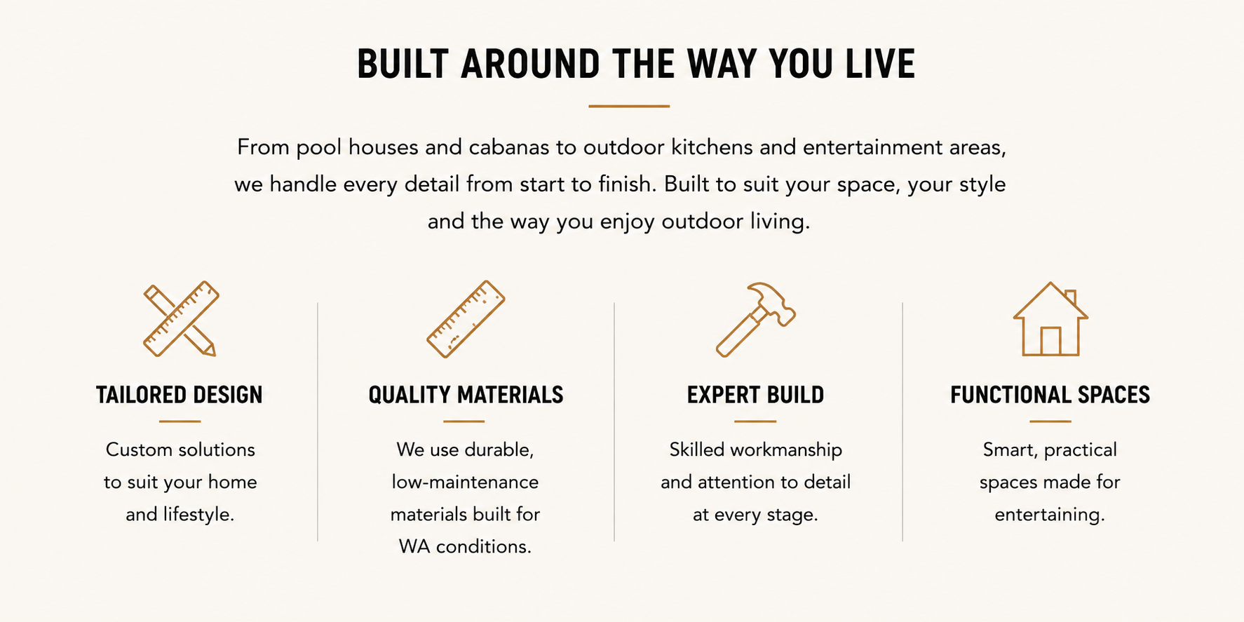 Company offering outdoor living spaces with services including tailored design, quality materials, expert build, and functional spaces, presented with icons and descriptions.