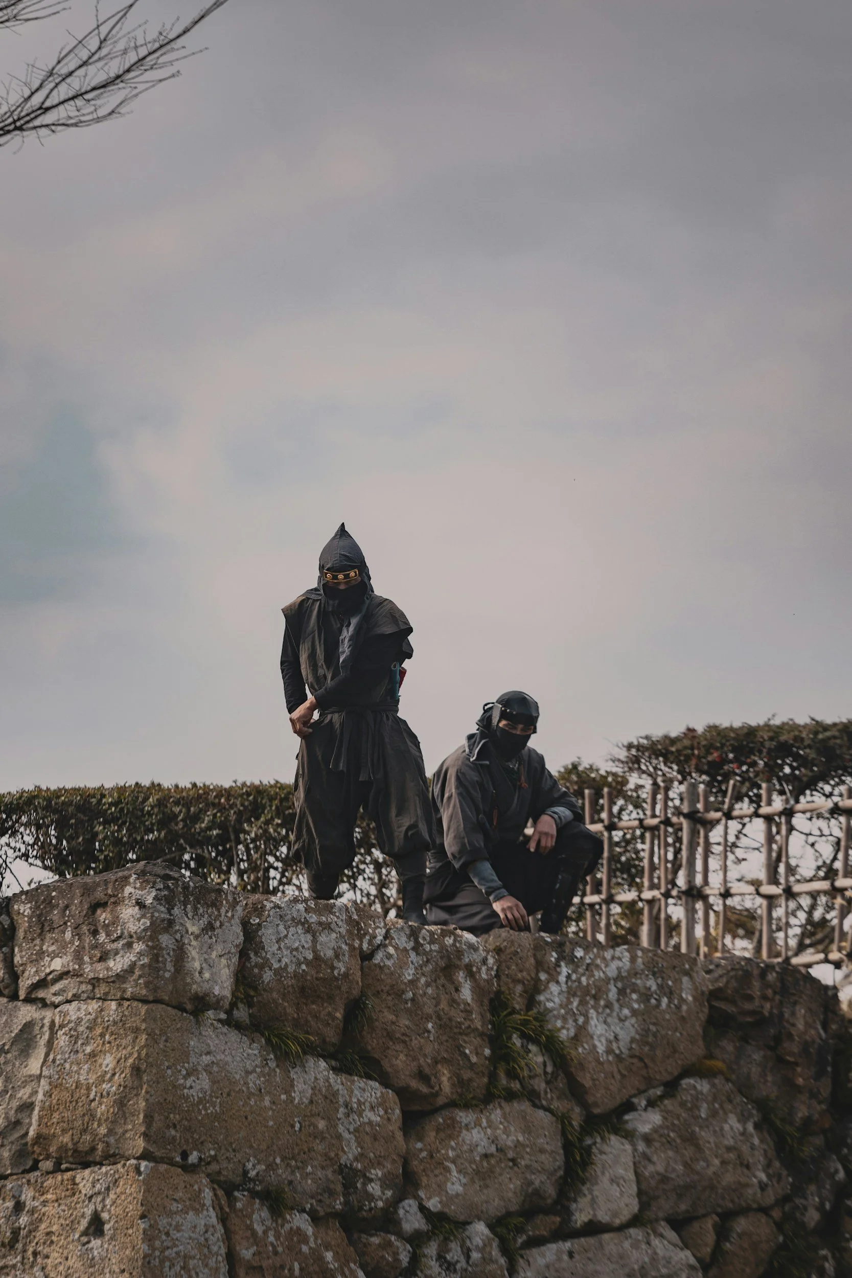 Two individuals dressed in dark clothing and wearing face masks and hoods, standing on rocks against a cloudy sky with leafless tree branches and a wooden fence in the background.