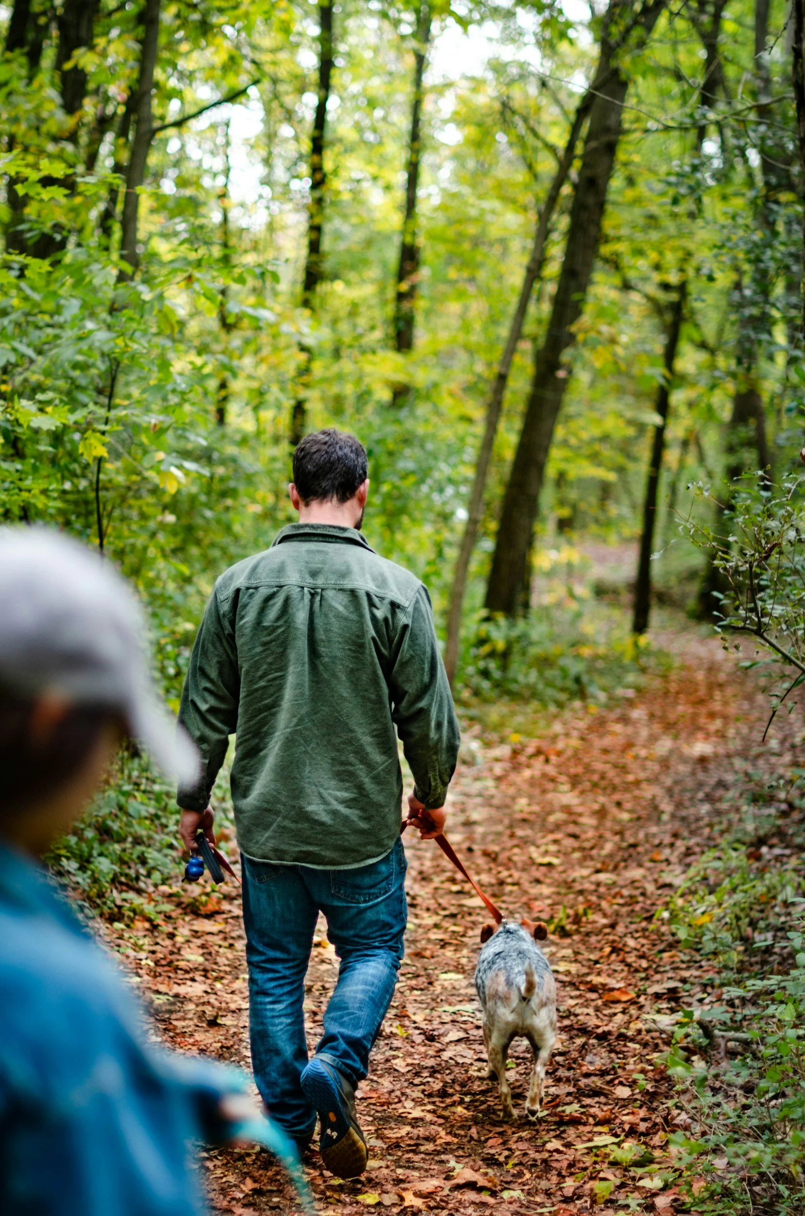 A man walking on a forest trail with a dog on a leash, surrounded by green trees and fallen leaves.
