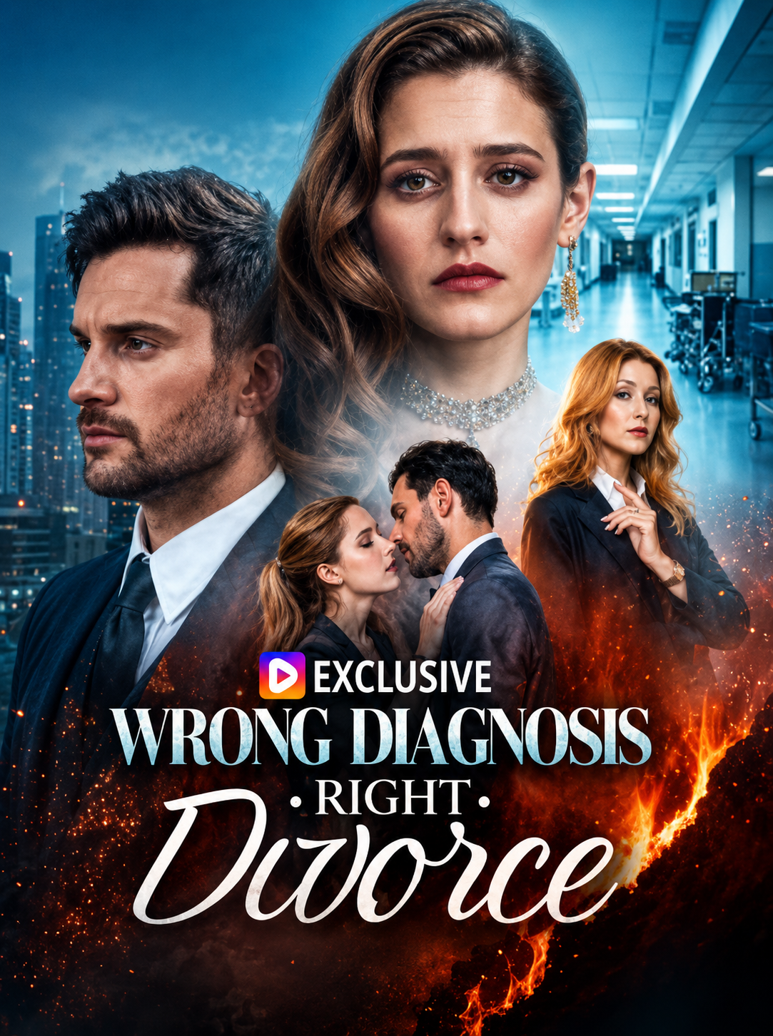 Poster for the show 'Wrong Diagnosis: Right Divorce' with multiple characters, including a woman with brown hair and a serious expression, a man with dark hair, and a woman with red hair, set against urban and hospital backgrounds.