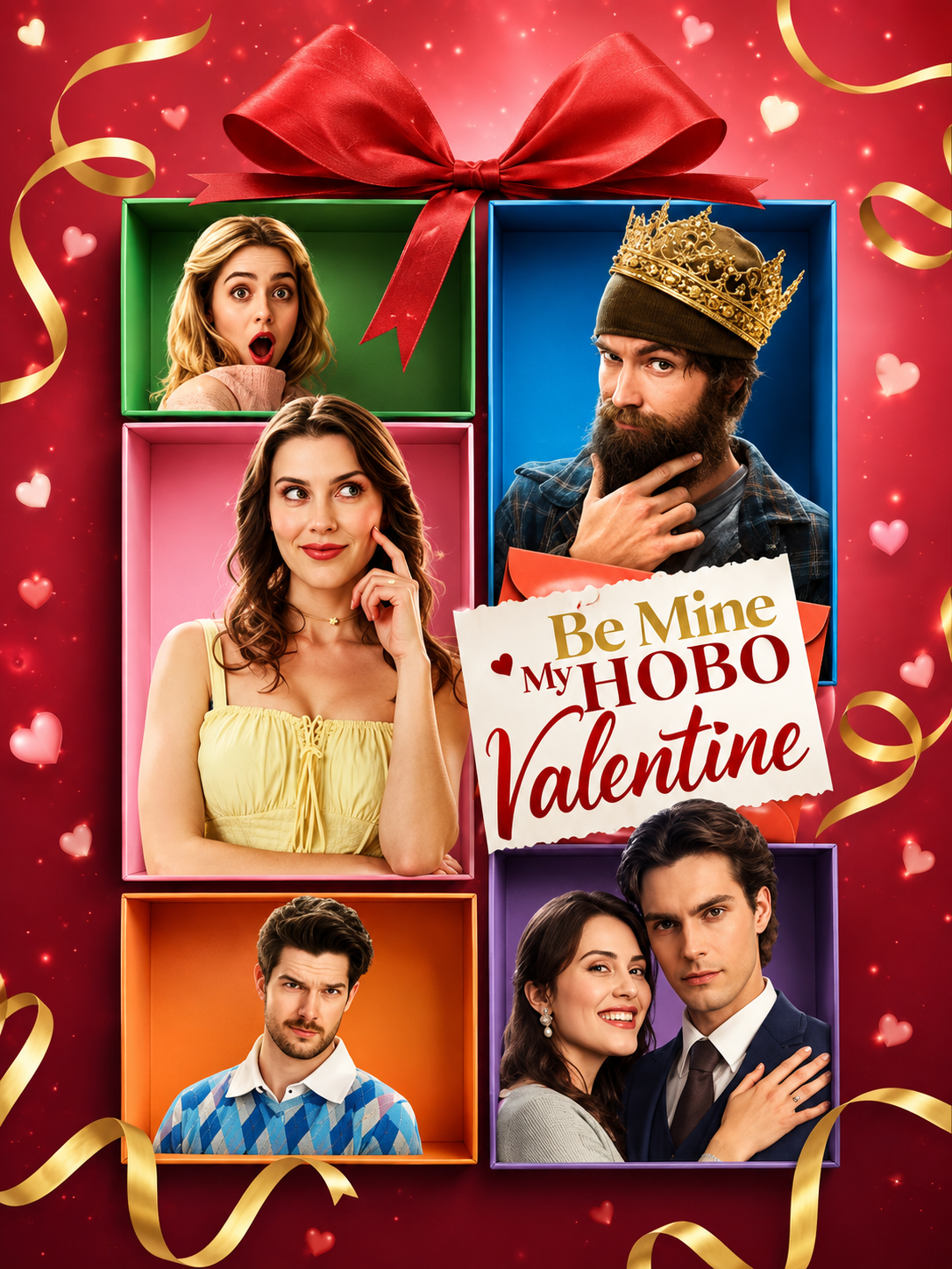 A Valentine's Day themed image features five people in individual colored boxes with a large red bow at the top. The background is red with small pink and white hearts and golden streamers. A sign in the center reads "Be Mine My НОВО Valentine" with a small red heart.