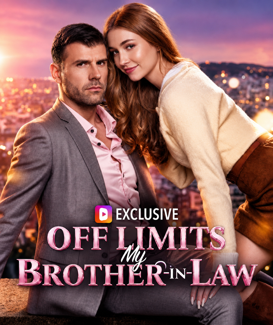 A man in a gray suit and pink shirt and a woman with long red hair in a beige sweater and brown pants pose on a rooftop with a city skyline and sunset in the background. The image has text that reads "Exclusive Off Limits My Brother-in-Law".