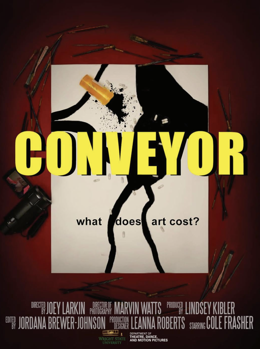 A poster for a film or art project titled 'Conveyor' with the question 'what does art cost?' below an abstract black and white painting of a figure holding a yellow object, surrounded by paintbrushes and art supplies on a red background.