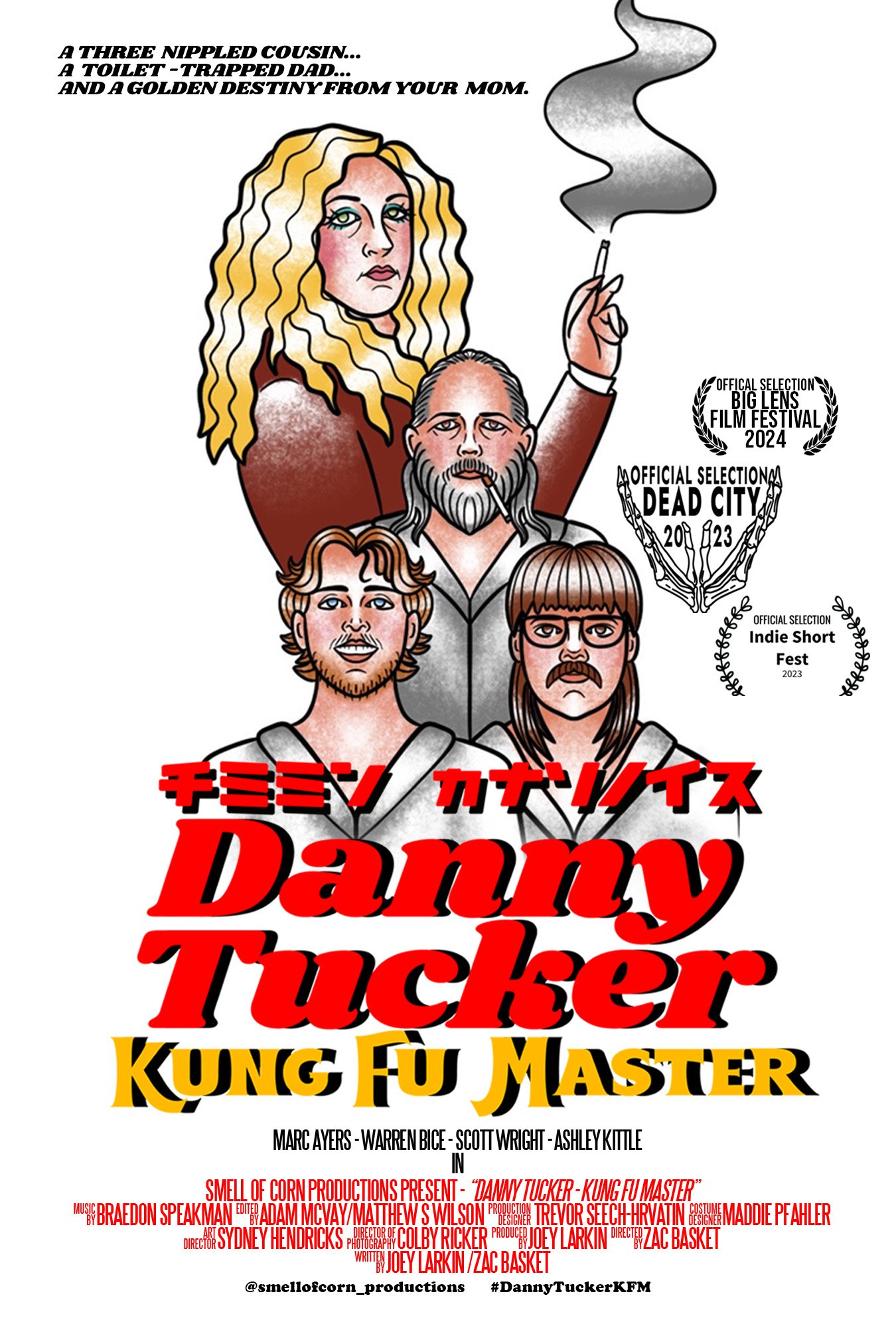 A movie poster for 'Damny Tucker: Kung Fu Master' featuring illustrated characters, including a woman with long blonde hair, a bearded man, and a young man with brown hair and glasses. The poster includes awards and event nominations, and the names of cast and crew at the bottom.
