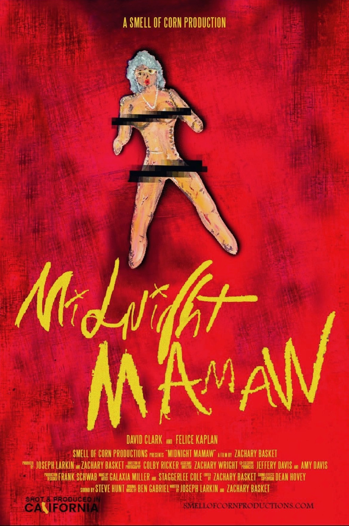 Movie poster for 'Midnight Mamaw' with a cartoonish nude woman with gray hair, sunglasses, and a pearl necklace, standing in front of a red background, with the title written in yellow brushstroke style.