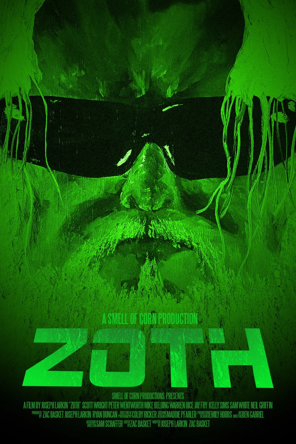 Green-tinted poster for the film 'Zoth,' featuring a close-up of a man's face wearing dark sunglasses. The poster includes the tagline 'A smell of corn production' and credits the filmmakers and cast.