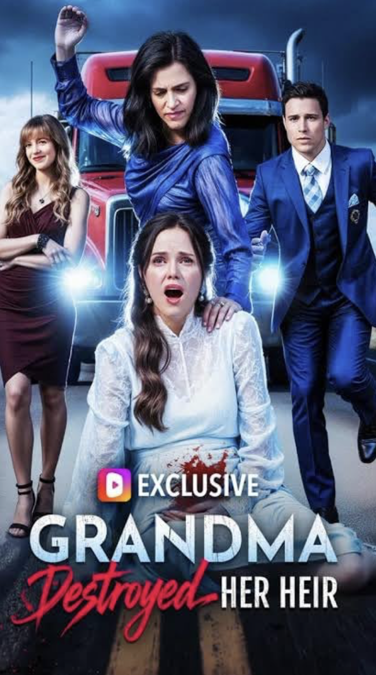 A promotional poster for a show titled "Grandma Destroyed Her Heir" featuring a distressed young woman with a bloodstain on her white blouse sitting on train tracks, surrounded by four adults with serious expressions, in front of a red truck with a dark, stormy sky.