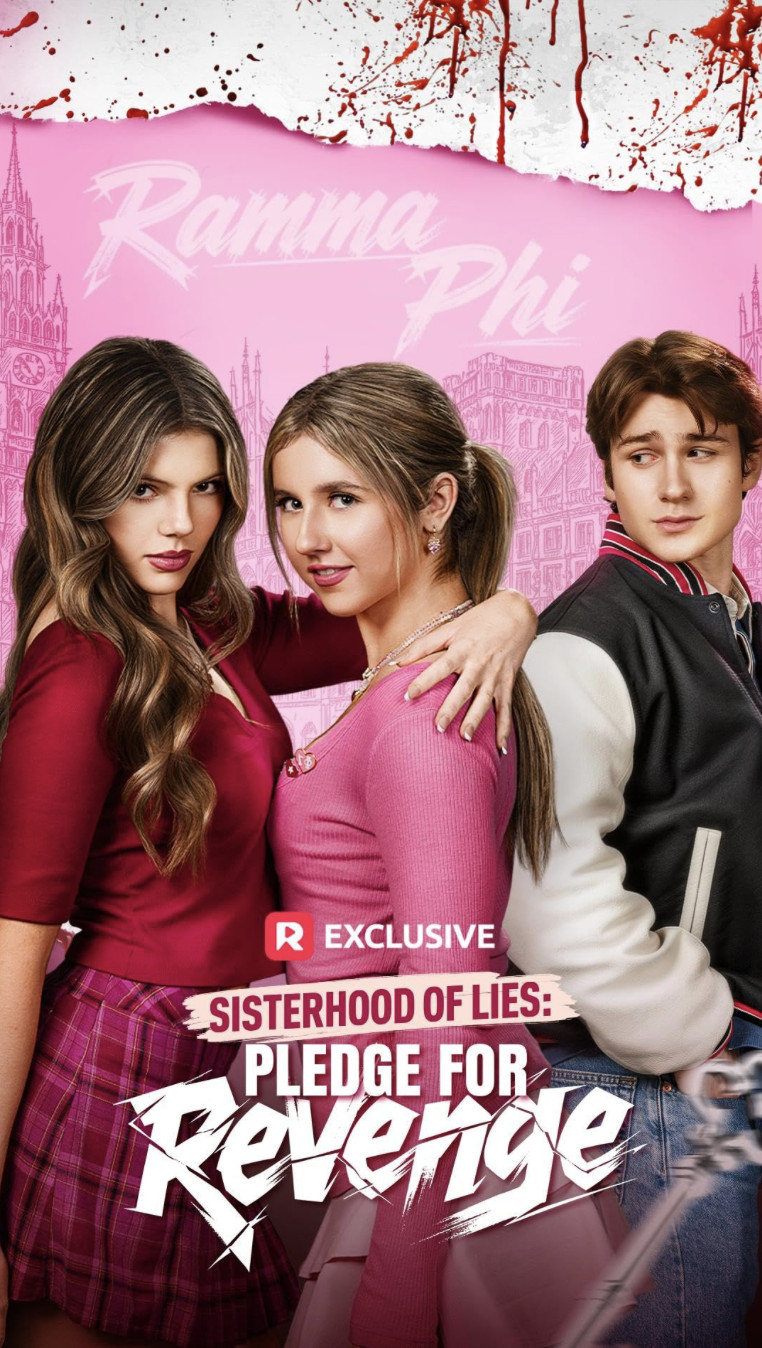 Promotional poster for the TV show 'Ramma Phi' featuring three teenagers, two girls and one boy, standing closely. The background is pink with outline sketches of historic buildings and a white torn paper effect at the top with red splatters. The poster has text including 'Exclusive', 'Sisterhood of Lies', and 'Pledge for Revenge'.