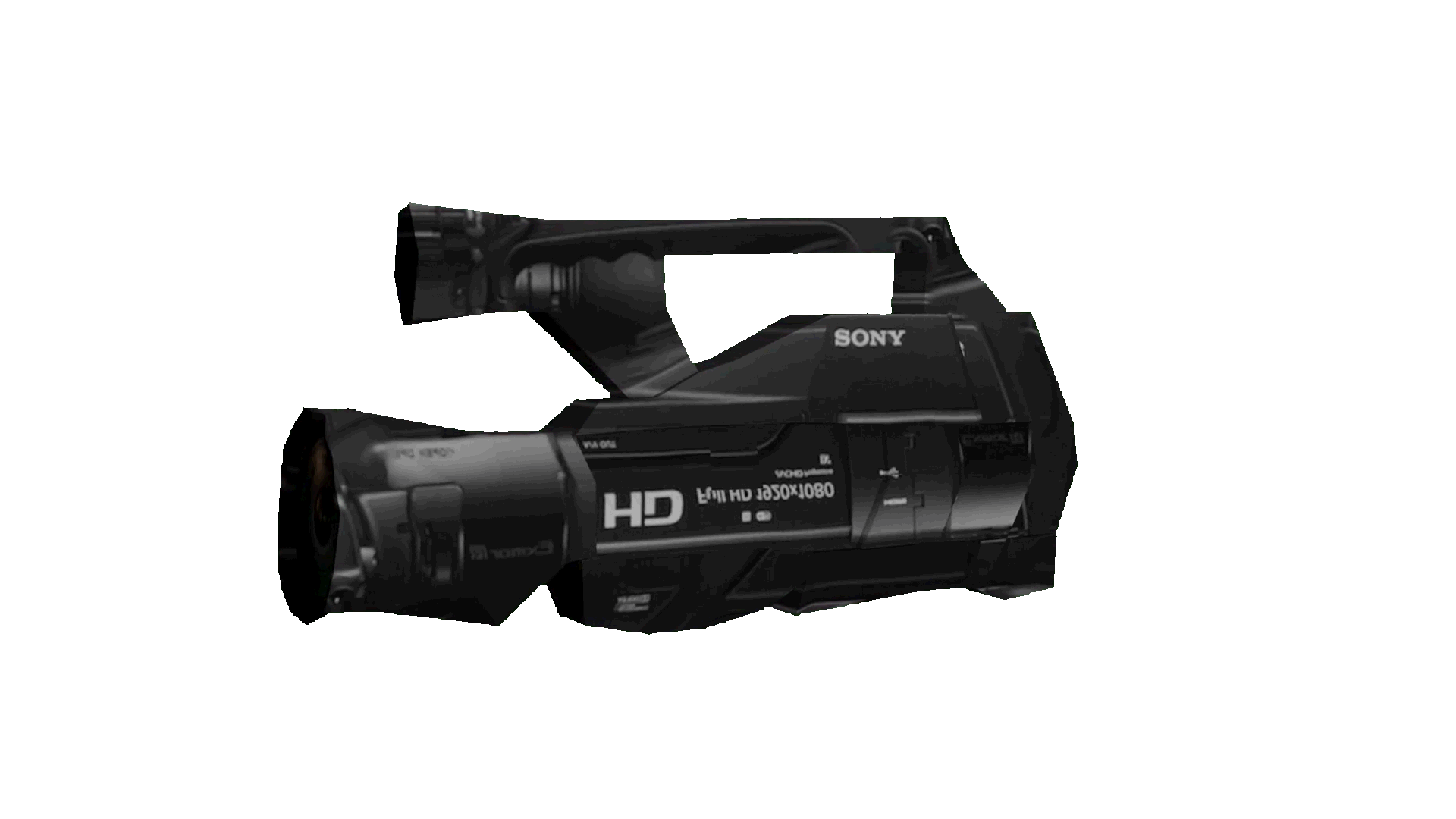 Black Sony video camera with HD label and 1080p HD support, placed on a reflective black surface.