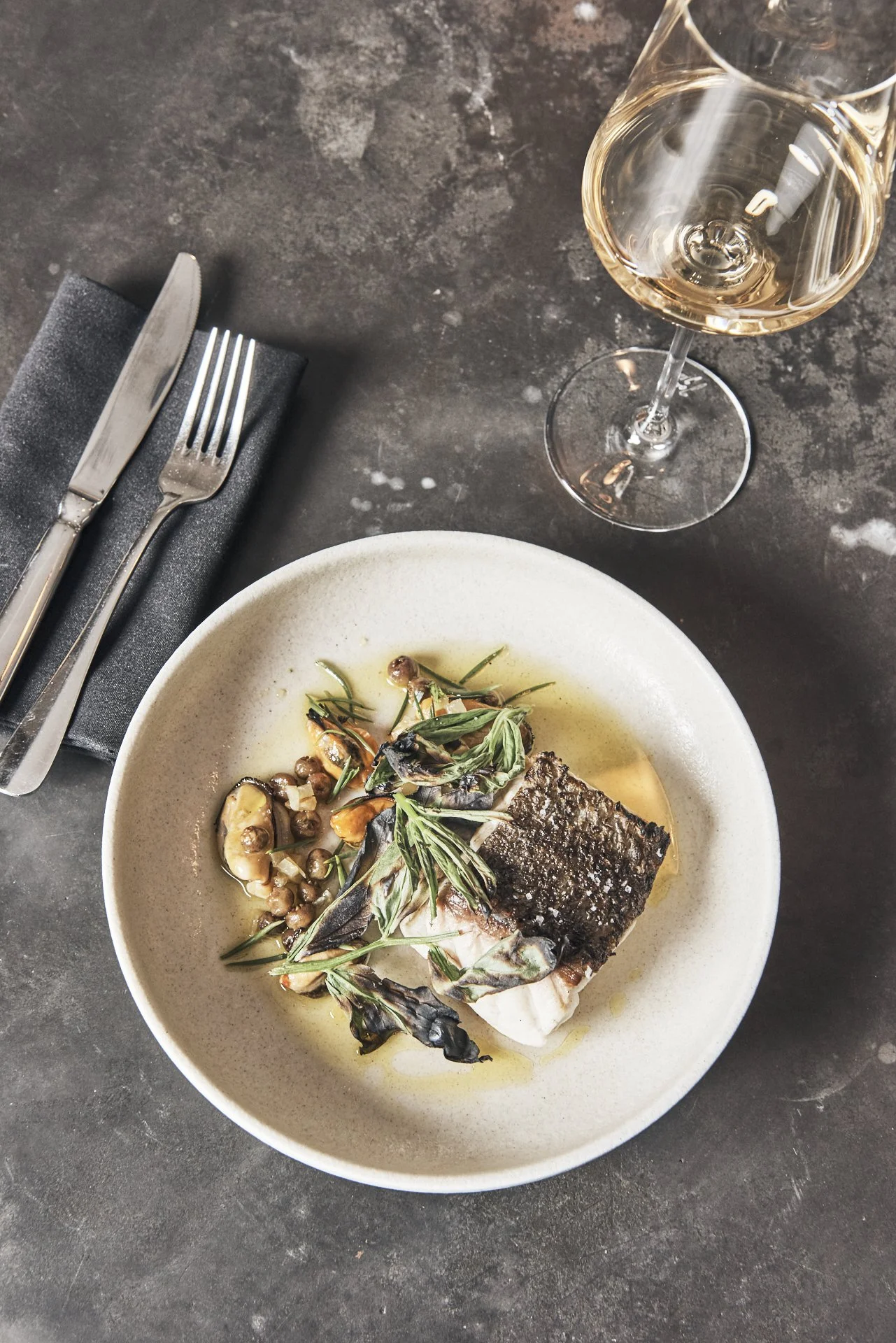 Food Photography Fish Dinner and glass of wine