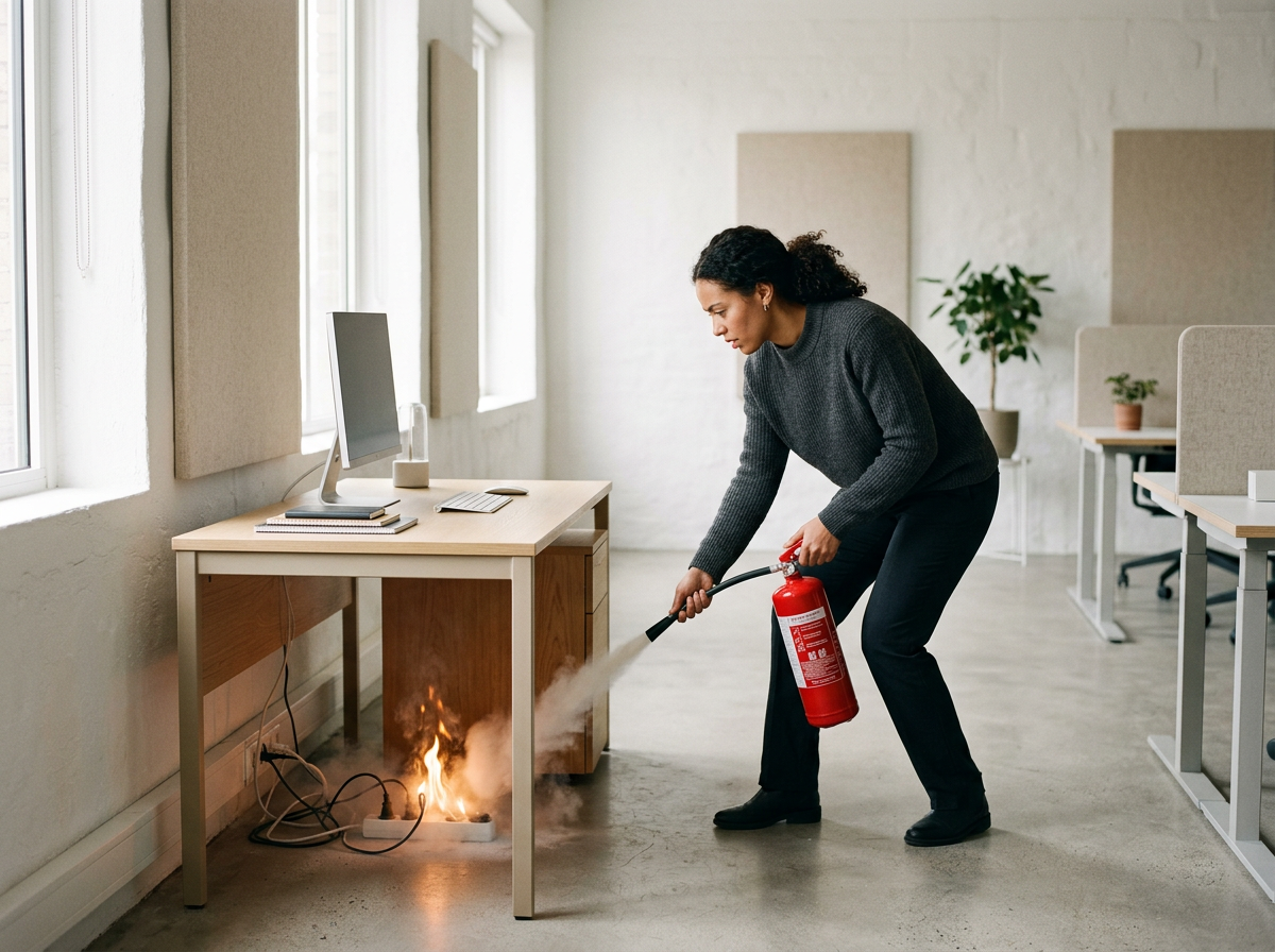 Woman using a fire extinguisher to put out a fire underneath a desk in an office setting.