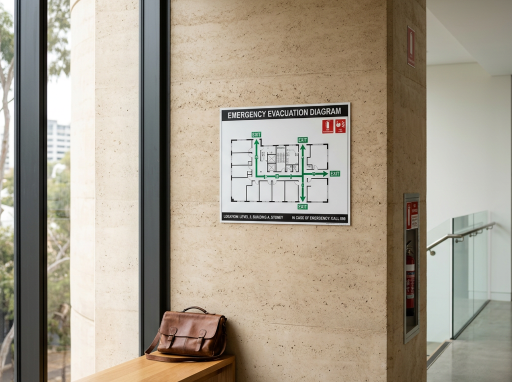 Emergency evacuation diagram on a wall in a building next to a staircase and a window with trees outside.