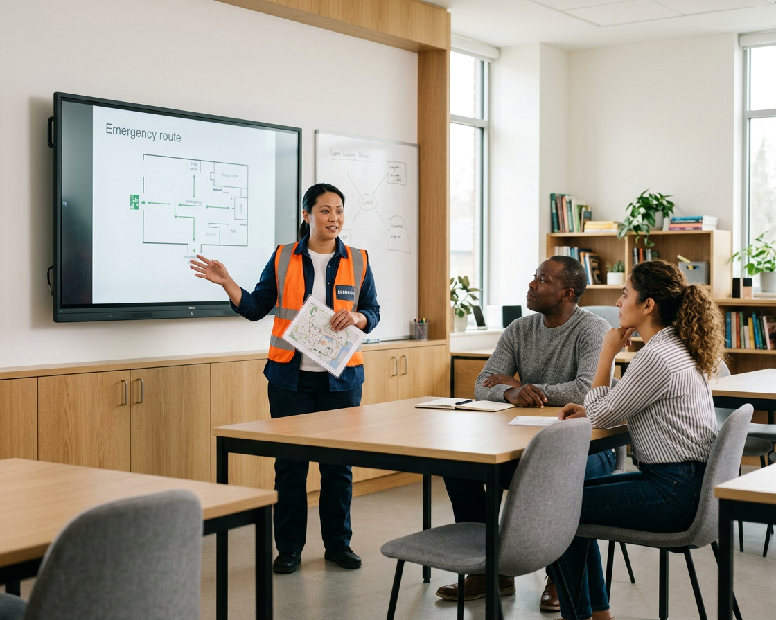 A woman in a safety vest presenting to two seated women in a classroom or training room with a large screen displaying an emergency route diagram.