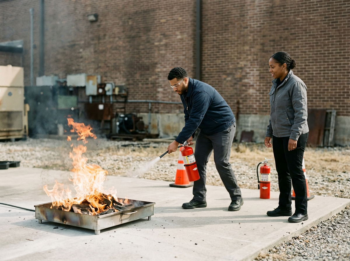 Two people practicing fire safety with a fire extinguisher near a small fire in a metal container outdoors, with an industrial background.