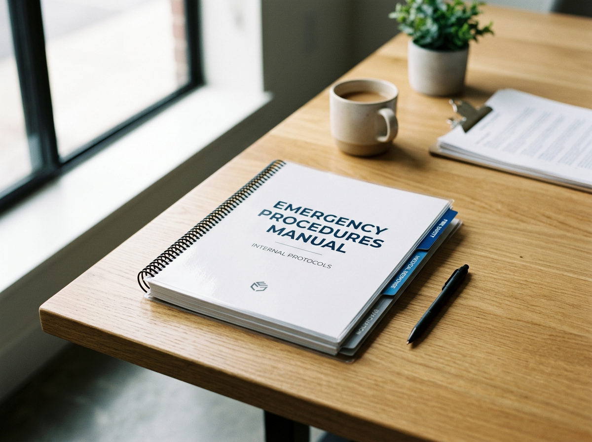 Hardcover manual titled 'Emergency Procedures Manual' with interior protocols on a wooden desk, alongside a black pen, a white coffee mug filled with coffee, a potted plant, and a stack of papers.