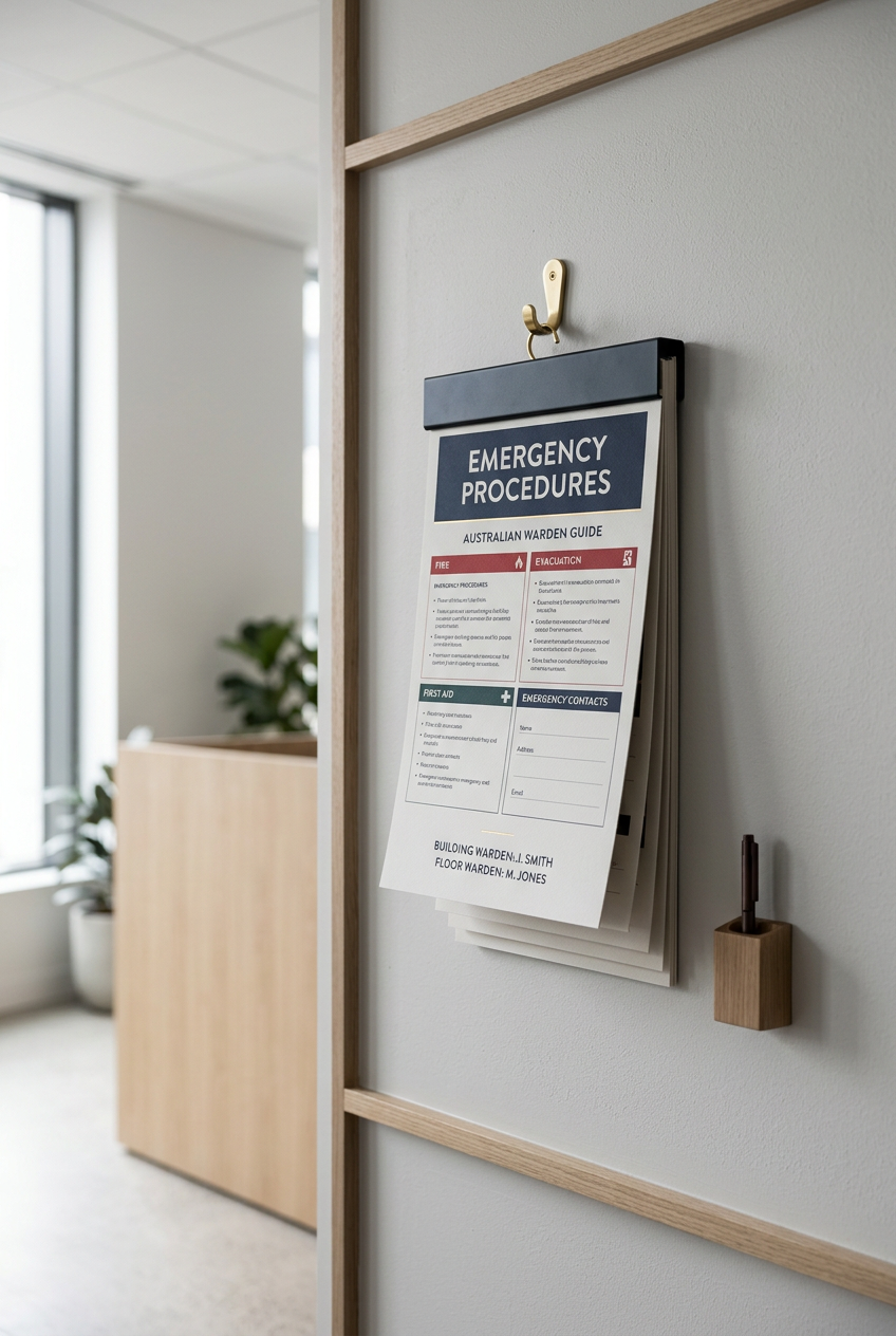 A printed emergency procedures guide hanging on a wall with a wooden framing, in an office. The guide includes sections on fire, evacuation, first aid, and emergency contacts.