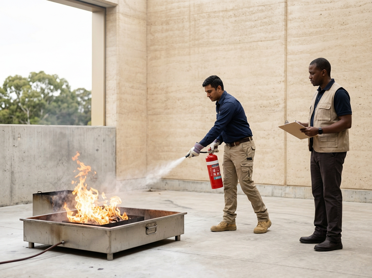Person practicing fire safety with a fire extinguisher on a small fire outside, supervised by a man with a clipboard.
