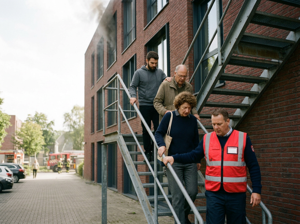 A group of five people, including a woman and four men, are descending an outdoor metal staircase attached to a brick building. One of the men is wearing a bright red emergency worker vest, and the others are dressed casually. Smoke is visible coming from the building in the background.