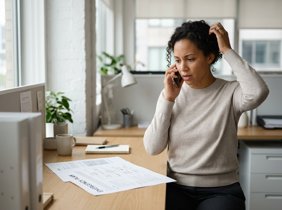 A woman sitting at a desk, talking on her phone with a worried or stressed expression, in an office setting with papers, a coffee mug, and a notepad on the desk.