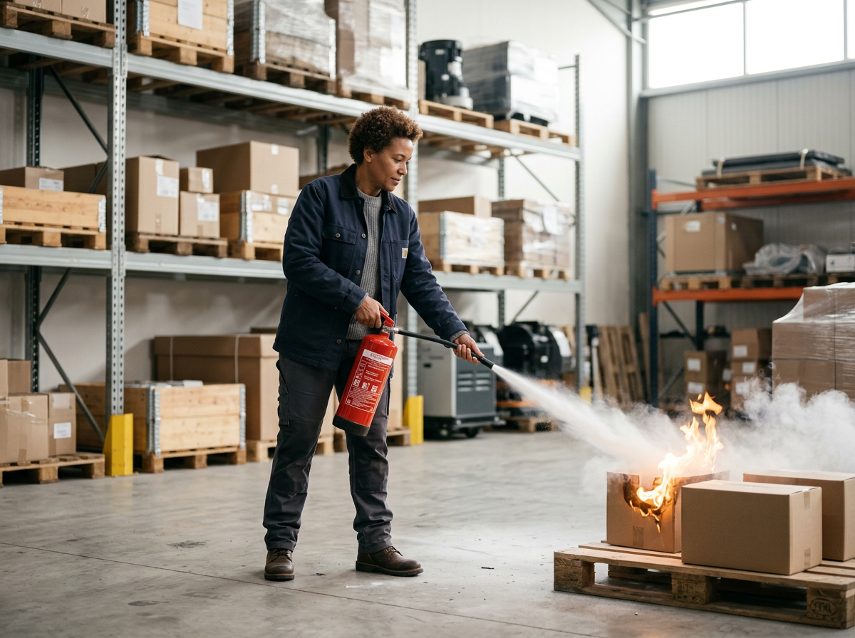 A woman using a fire extinguisher to put out a small fire on a cardboard box in a warehouse.