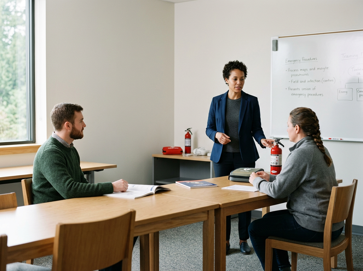 A woman conducting a fire safety training from a fire extinguisher to two seated individuals in a conference room.