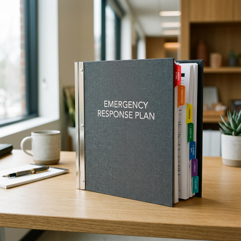 Binder labeled 'Emergency Response Plan' on a desk with a notebook, pen, mug, and plant nearby, in an office setting.