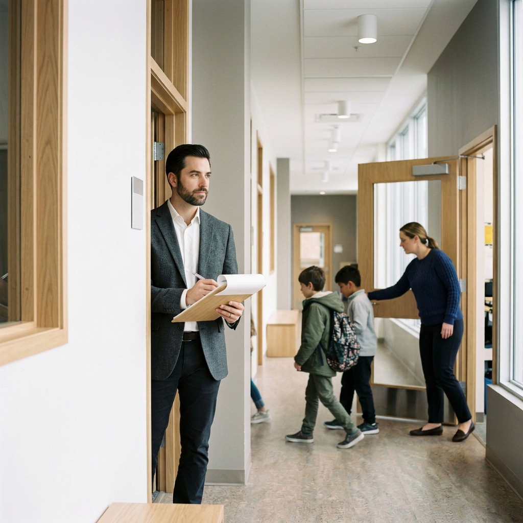 A man in a suit and a woman assisting children in a school hallway with wooden doors and large windows.