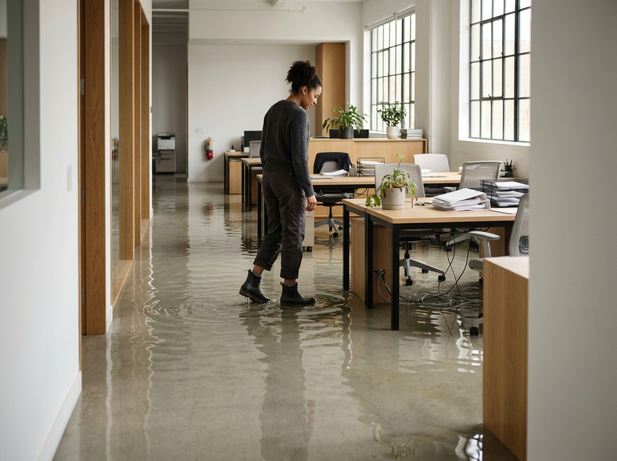 A woman standing inside an office flooded with water up to her ankles, wearing black boots.