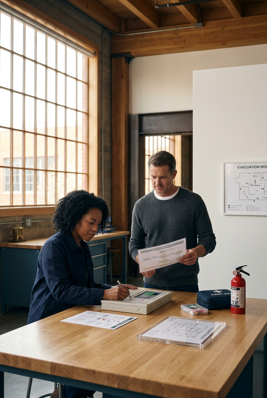 A man and a woman are in a room with large windows, reviewing documents and diagrams on a table and wall, possibly planning or discussing emergency procedures, with a fire extinguisher nearby.