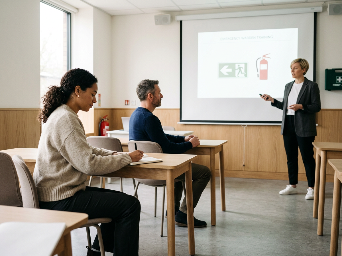 A woman giving a fire safety training presentation in a classroom, with a slide showing emergency exit signs and a fire extinguisher, while seated participants listen.