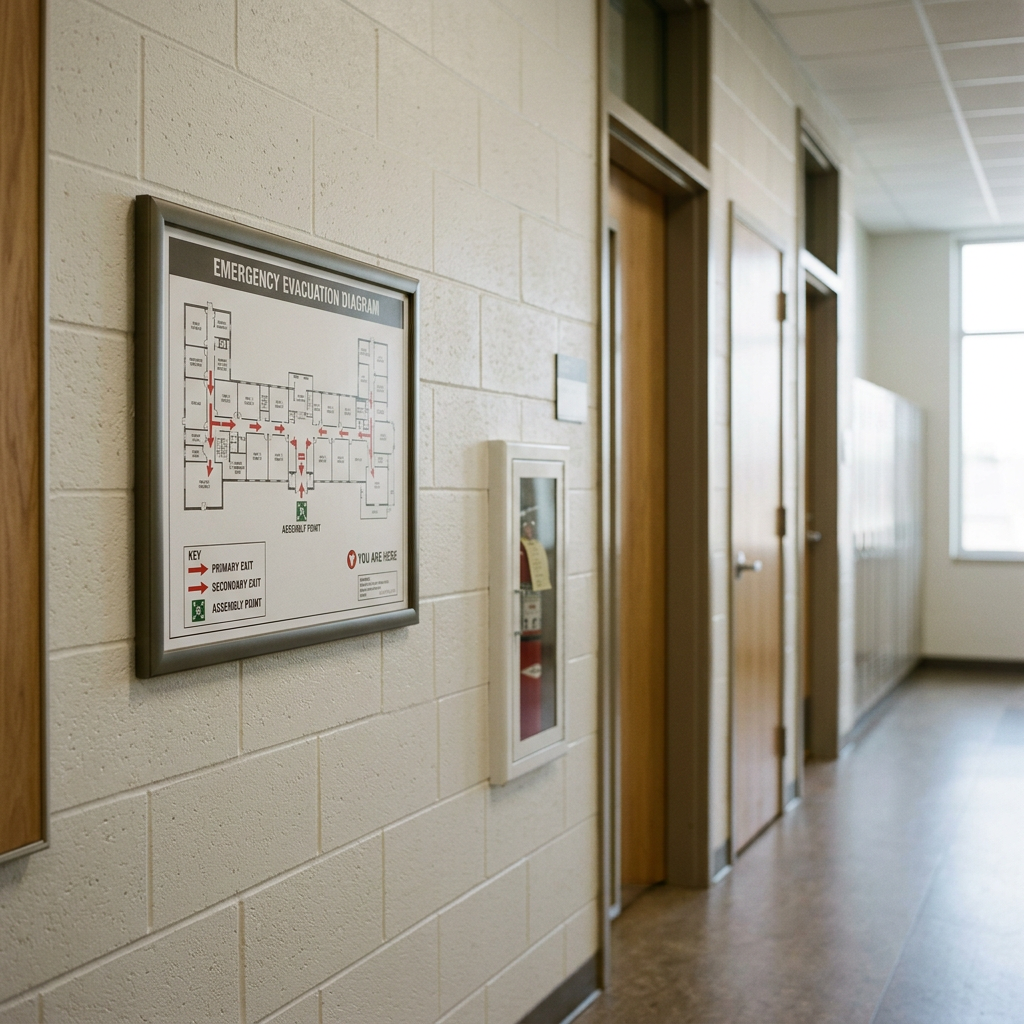 Indoor hallway with beige brick walls, a fire alarm box, and a framed emergency evacuation diagram on the wall. There are closed wooden doors along the hallway and a large window at the end allowing natural light to enter.