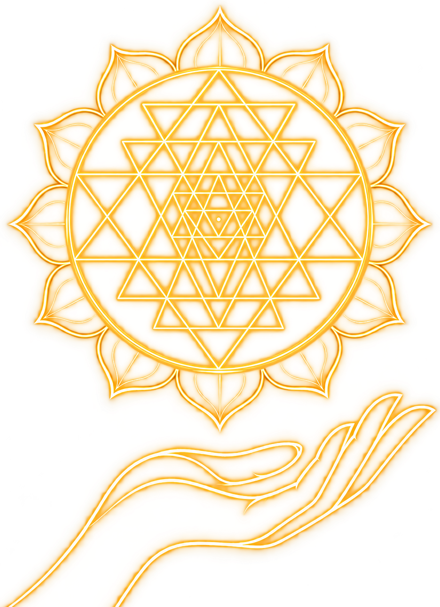 Golden Shri Yantra above an open hand, symbolising the map and support offered by Seeking Hand.