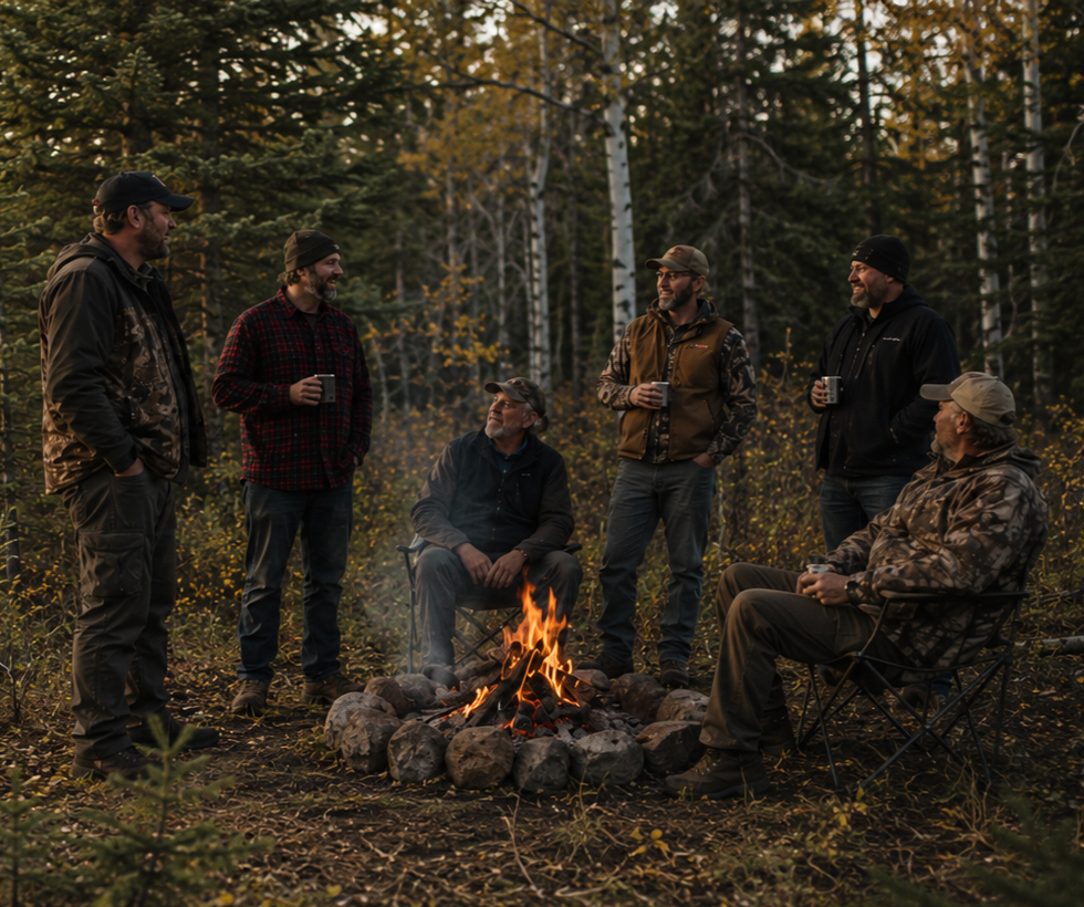 Group of six men gathered around a campfire in a forest at dusk, some standing and some sitting in camping chairs, holding mugs, dressed in outdoor clothing and hunting gear.