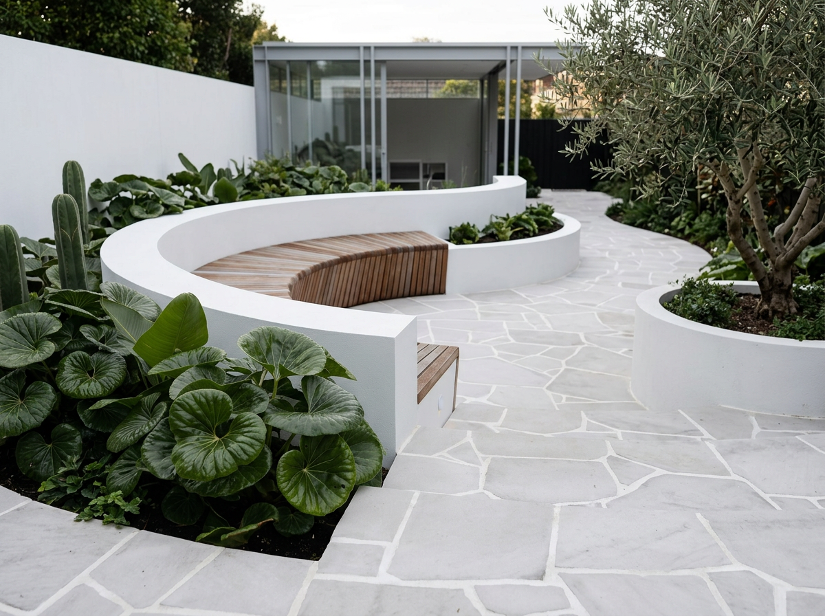Modern outdoor patio with curved white benches, wooden seating, stone pathway, and garden with green plants and shrubs.