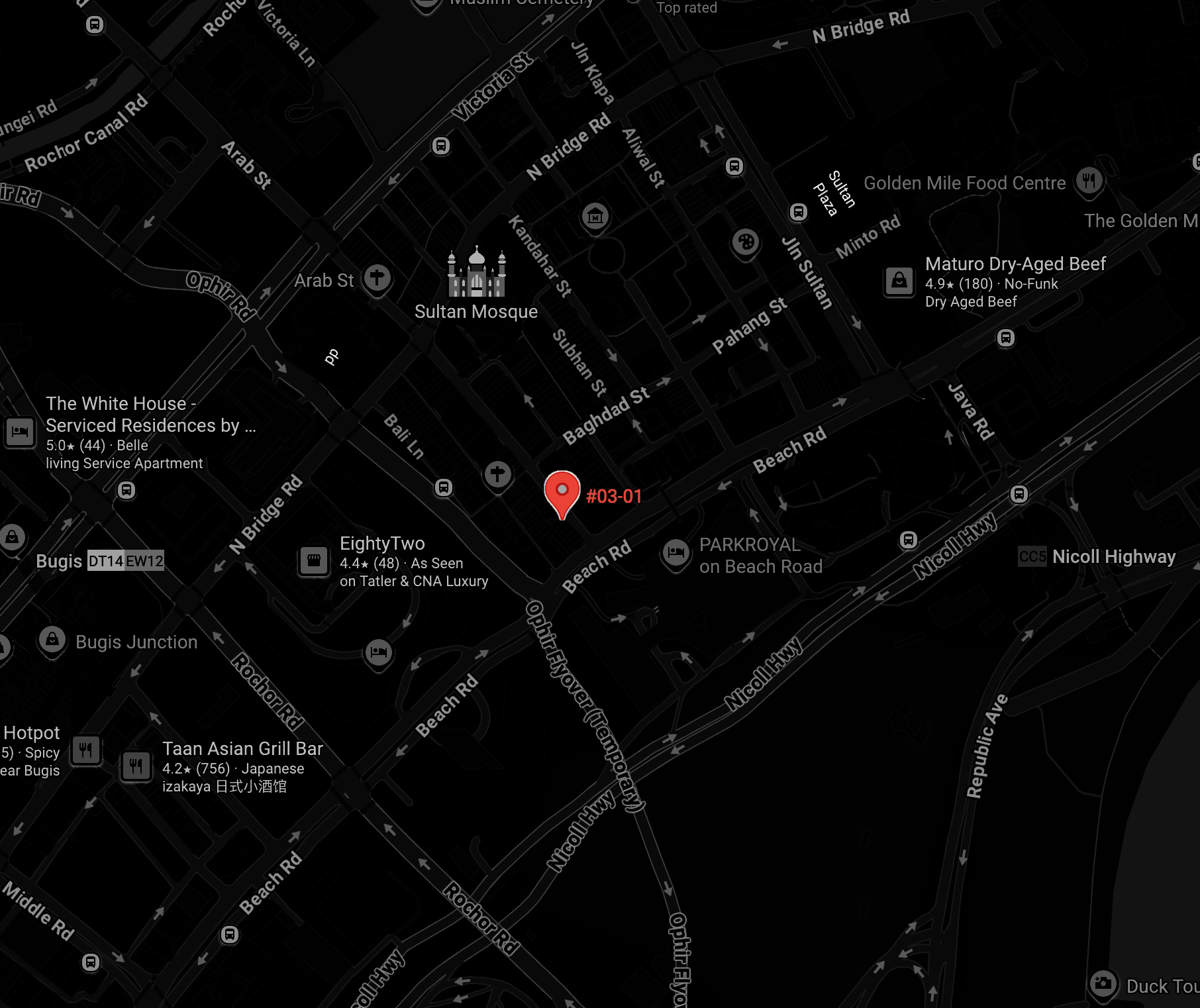 A digital map of a neighborhood showing streets, landmarks, and locations. Highlighted is a red marker labeled '#03-01' near Beach Road and Nicoll Highway, with various icons for restaurants, hotels, and points of interest nearby.