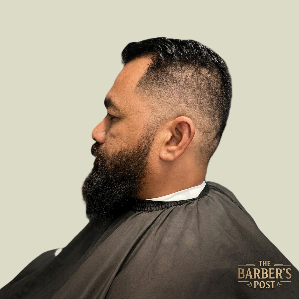 Profile of a man with a neatly trimmed beard and a short, faded haircut, sitting in a barber's chair with a black cape.