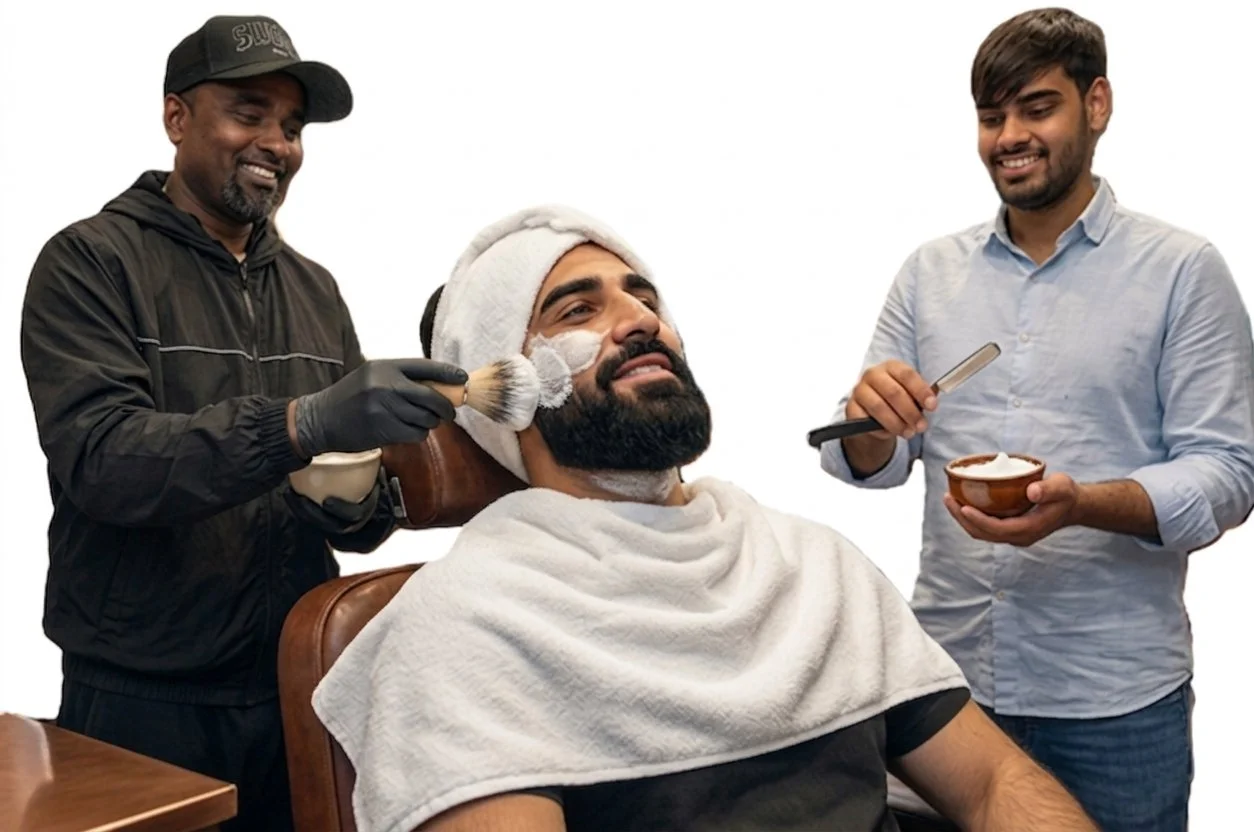 A man with a beard and towel wrapped around his head is getting a shave or facial treatment from two men; one is applying cream with a brush, and the other is holding a bowl of cream and a spatula, all smiling.