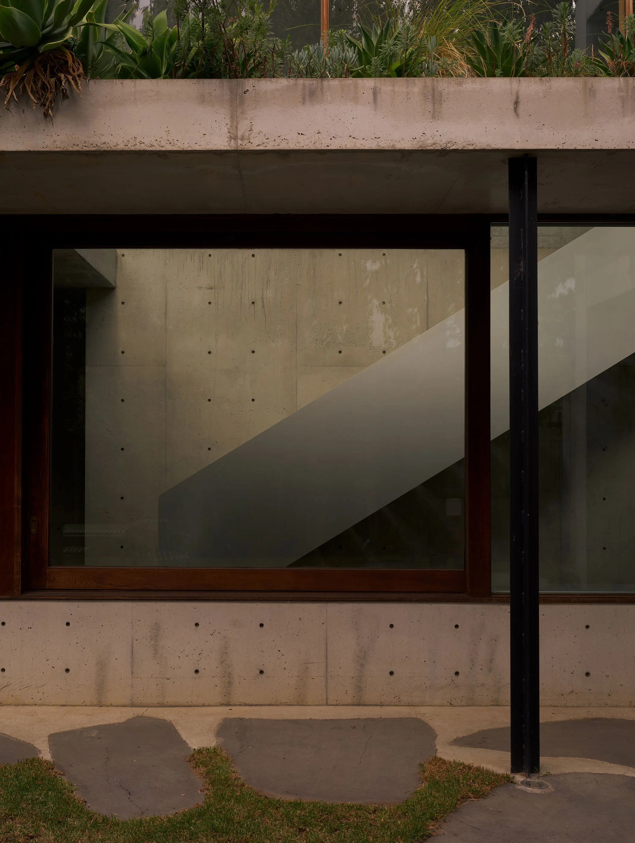 A modern building with a large window, concrete walls, and a small grassy area with stepping stones outside.