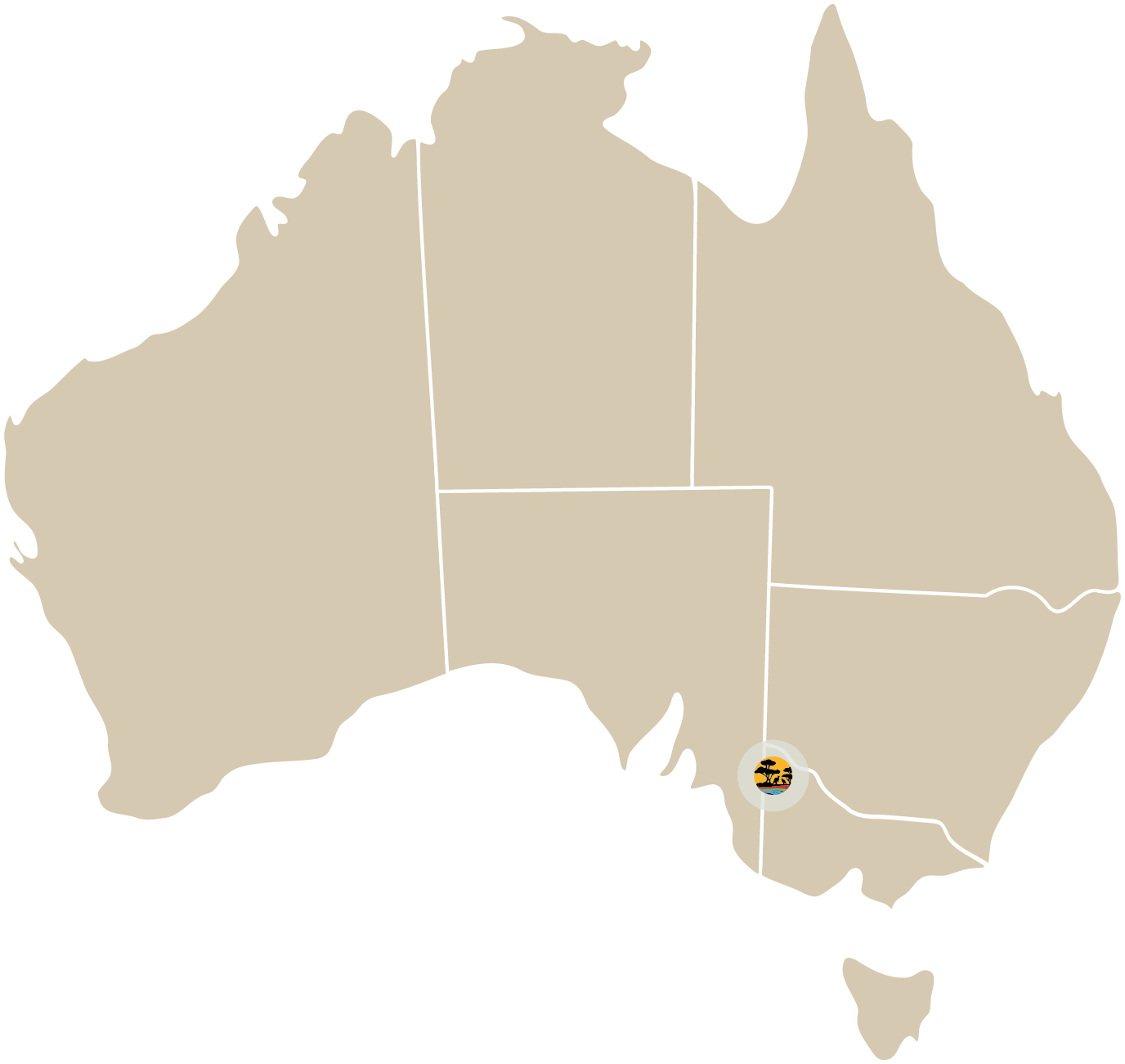 Map of Australia with one icon of a sunset over water and a tree in the south-central area.