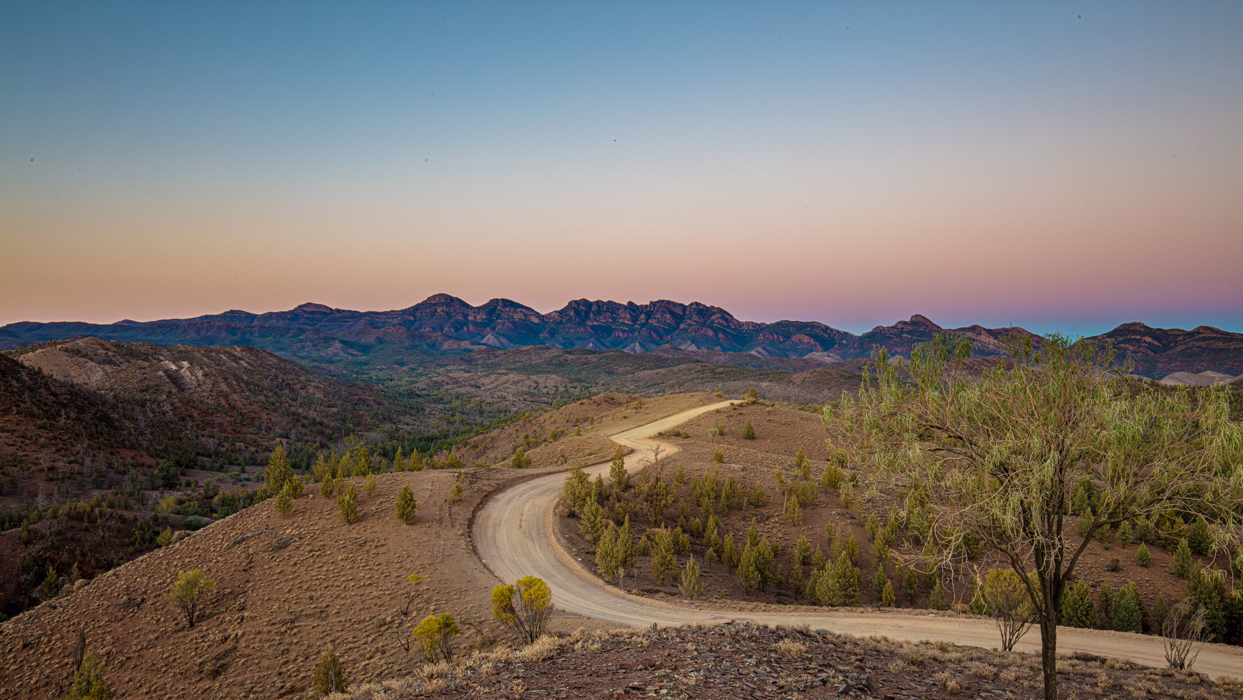 A desert landscape with a winding dirt road through barren hills, sparse vegetation, and distant mountains under a pastel-colored sky at dusk.