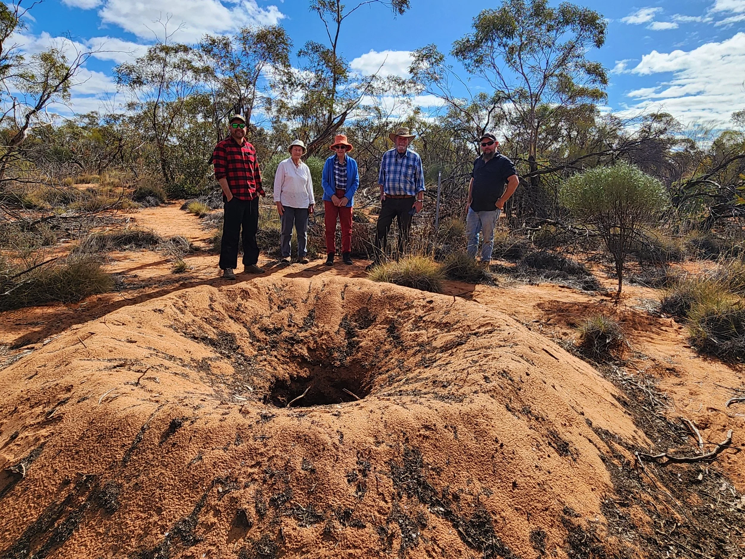 Five people standing around a large angled termite mound in a desert landscape with sparse trees and clouds in the sky.