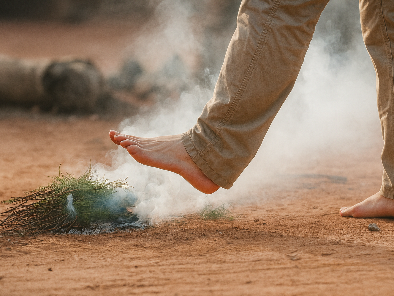 Person in beige pants barefoot balancing on one foot near small fire with smoke and green branches on clay ground.