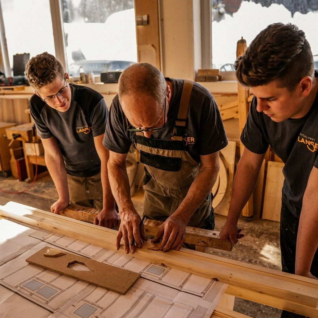 Ein älterer Mann zeigt zwei junge Männer in einer Werkstatt, wie man Holz schneidet oder bearbeitet.