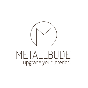 Logo mit einem großen Buchstaben M in einem Kreis, darunter der Schriftzug 'METALLBUDE' und der Slogan 'upgrade your interior'.