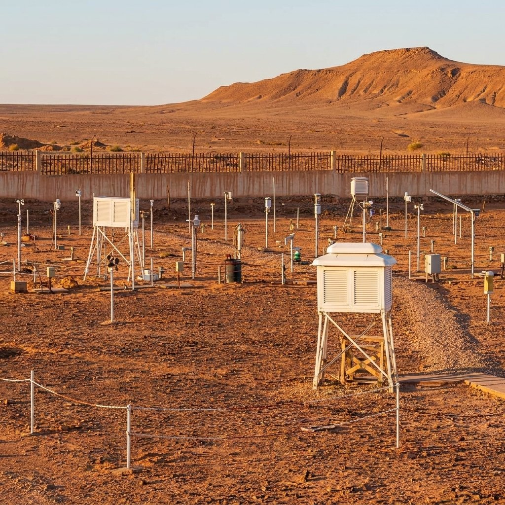 Meteorologische Messstation in einer Wüstenlandschaft mit Berg im Hintergrund.