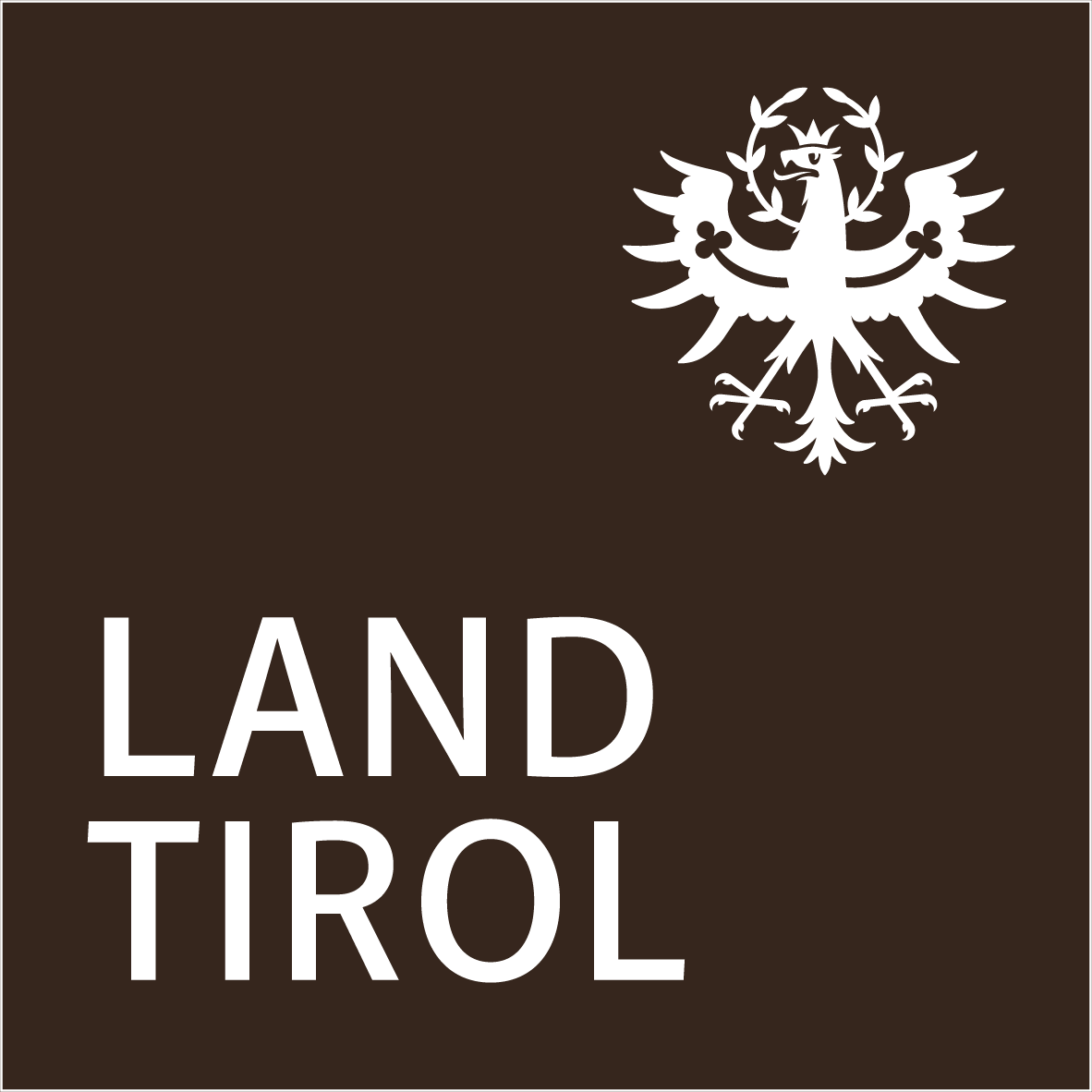 Das Bild zeigt eine braune Flagge mit einem weißen Wappen eines Adlers und den weißen Worten 'LAND TIROL' darunter.