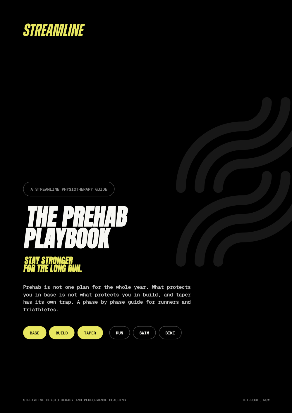 Cover page of a physiotherapy guide titled 'The Prehab Playbook' with subtitle 'Stay Stronger for the Long Run,' featuring sections on base, build, and taper, designed for runners and triathletes.